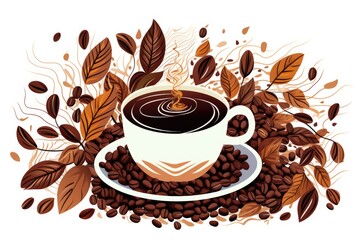 Cup of hot coffee with beans illustration, white background,
