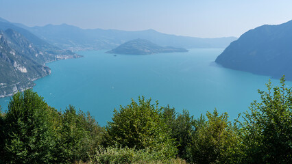 Fototapeta na wymiar Amazing landscape at Lake Iseo from the mountain. An alpine lake in north of Italy. Famous tourist destination. Natural contest
