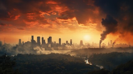 Industrial pollution city skyline, barren lands, industrial toxic wastage, air and land pollution, and global warming concept illustration. generative ai