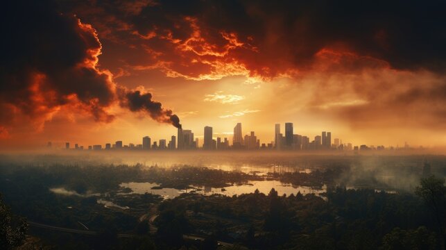 Air pollution over the city skyline, barren lands, industrial wastage, land pollution, and global warming concept illustration. generative ai