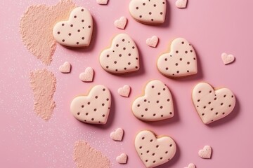large heart-shaped cookie with a light pink background, details with pink sugar icing inside the cookie and crispy edge