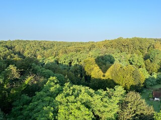 View of forests, fields, villages and Zagorje hills, during a panoramic balloon flight over...