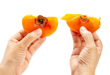 Hands holding Dried persimmon on white background, Dried persimmon isolate on white with clipping path.