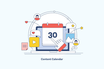 Businessperson using content calendar software tool, content creation and publishing plan, schedule and organise productivity workflow, social media post filled outline style vector banner.