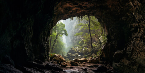 looking into the forest from a cave during a rainstorm hd wallpaper