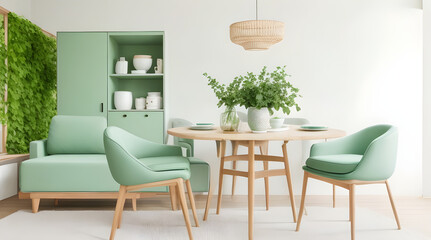 Mint color chairs at round wooden dining table in room with sofa and cabinet near green wall. Scandinavian, mid-century home interior design of modern living room.