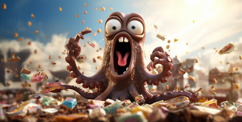 Sad octopus licking his fingers with chocolate hd wallpaper 