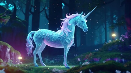 Abstract wallpaper of shining light unicorn in the magical forest, high quality ultra hd 8k 