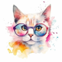 Cute colorful cat watercolor isolated on white background