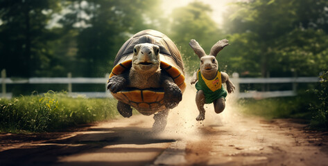 a rabbit and a turtle running in a race hd wallpaper