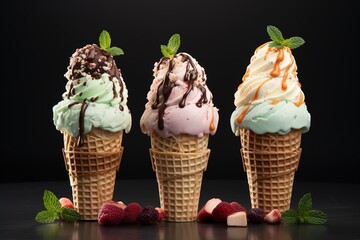 Three ice cream cones with chocolate, strawberry and whipped cream on dark background