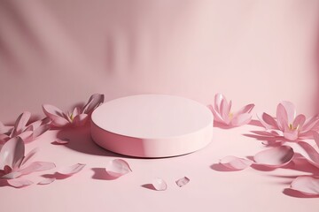 beautiful podium view nature top woman lay beauty flower template mockup gift background petals sun flat day splay pedestal cosmetic render product feminine concept pink
