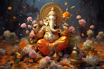 Lord Ganesha is surrounded by flowers. Ganesh Festival Indian Ganesh Chaturthi Festival