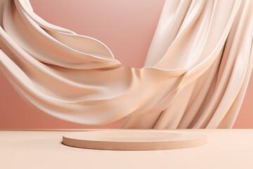 beautiful podium stand template flying render pedestal product splay cloth feminine advertisement background wind presentation beige luxury silk beauty color nude curtain cosmetic