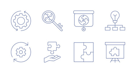 Solution icons. Editable stroke. Containing solutions, key, presentation, solution, problem solving, puzzle.