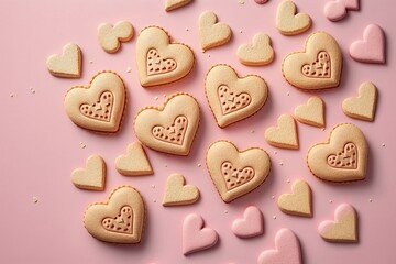 large heart-shaped cookie with a light pink background, details with pink sugar icing inside the cookie and crispy edge