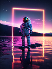 An astronaut stands on the shore of a lake, against a glowing large neon rectangle