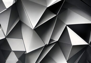 Black-white abstract background. Geometric shape. Lines, triangles. 3d effect. Light, glow, shadow. Gradient. Dark grey, silver. Modern, futuristic. Web banner. Wide. Panoramic