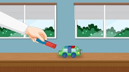 Science experiment demonstrating the magnetic force between two magnets and a toy car.