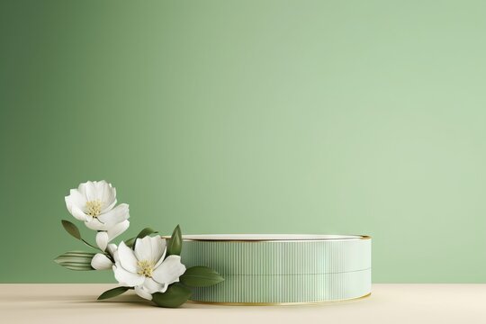 beautiful podium spring space white background presentation splay minimal copy template render green beauty summer pastel feminine nature cosmetic leaf flower gold product