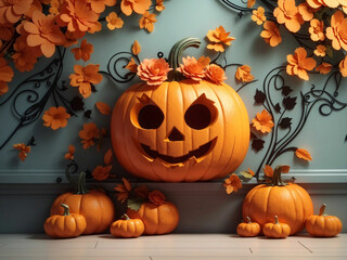 3d cute pumpkin wall floral background