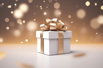 beautiful podium concept white minimal bow ribbon commercial gift flying realistic banner render golden present woman box creative background bokeh beige levitating brown lights