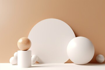 beautiful podium placement minimalist abstract splay background levitating pedestal cosmetic template beige studio render white product ball mockup white studio beauty