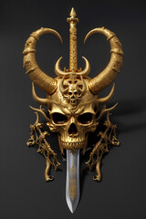 a golden skull with horn and a sword
