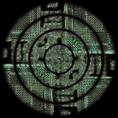 dull green tartan pattern in broken concentric circular design square format on black background