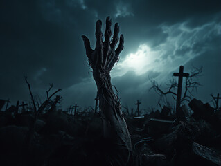 Zombie hand rising on tombstone in dark spooky night, halloween background