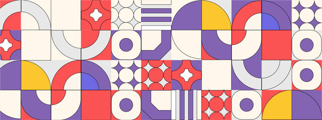 Geometric mosaic, Bauhaus pattern. Modern geometry figure, shape. Bauhaus. Geometric mosaic. Minimal mural texture. Scandinavian. Geometric mosaic print. 50s, 60s, retro wallpaper. Vector illustration
