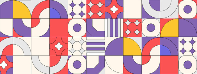 Colorful geometric mosaic seamless pattern illustration with creative abstract shapes. Modern Scandinavian style background print. Trendy and minimalist shape, texture, geometric collage.