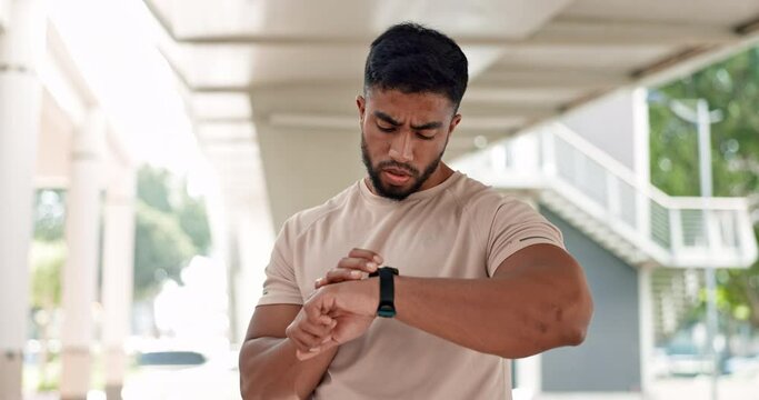 Sports man, watch and heart rate outdoor with timer to check healthy progress, breathing or wellness. Indian athlete, neck pulse and stopwatch for exercise results, cardio training or fitness in city