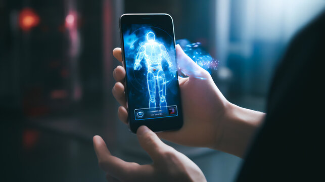 A close-up image of a person's hand trembling slightly while holding a smartphone with an AI-powered Parkinson's diagnosis app displayed on the screen
