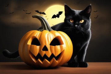 halloween background with black cat pumpkin and bats