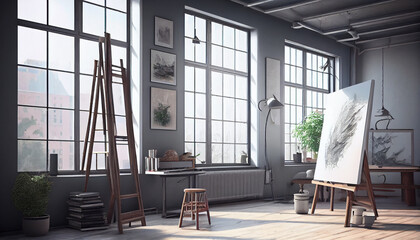 Daylight Art Studio Interior with Large Windows, Multiple Stretched Canvases and Stuff.