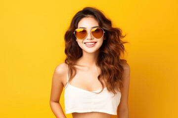 Beautiful Asian Woman Years Old In Beachwear Wearing Sunglasses On Yellow Background. Сoncept Beauty Of Asian Women, Beachwear Fashion Trends, Sunglasses As An Accessory, Colourful Backgrounds