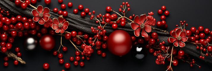 Rote Beeren und goldene Weihnachtskugeln Nahaufnahme als Banner im Querformat, ai generativ