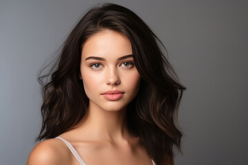 Naklejka premium Magnetic Young Woman Model Natural Background . Сoncept Natural Beauty, Magnetic Charisma, Modeling Basics, Young Professionals