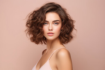 Fototapeta premium Magnetic Young Woman Model On Pastel Background . Сoncept Magnetic Young Woman Models, Pastelcolored Backgrounds, Female Beauty Empowerment, Photography Artistry
