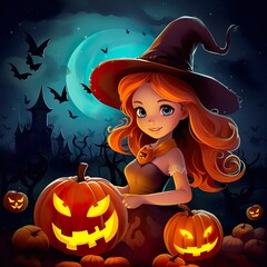 cute halloween witch HAlloween background with pumpkins against the backdrop of the moon on haunted landscape