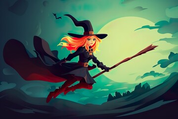 cute halloween witch HAlloween background against the backdrop of the moon landscape