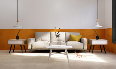 contemporary autumn decor living room in warm fall colors. 3D rendering