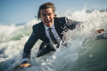 Mixed Expression of Man surfing on the ocean