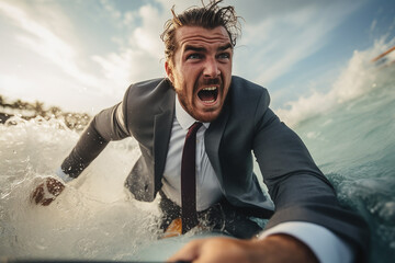 Mixed Expression of Man surfing on the ocean