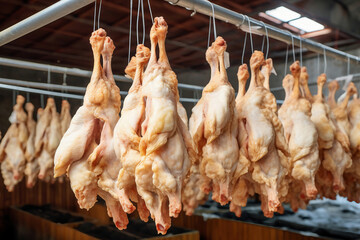 Poultry farm production of chicken meat. Industrial production and packaging of chicken meat. Chicken carcases and tenderloin. modern food industry.