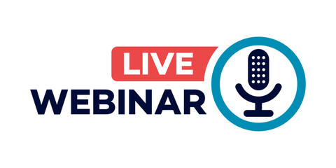 Live Webinar Button, icon. Vector design illustration of e-learning course with microphone icon