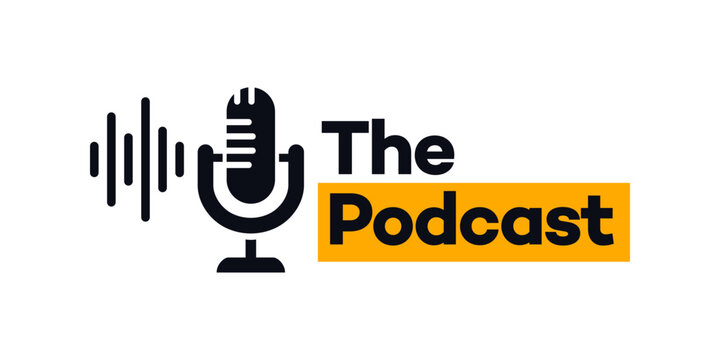 Podcast logo. The microphone icon. Studio microphone table broadcast podcast symbol for entertainment business.