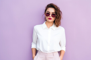 Fototapeta premium Chic Young Woman Model On Pastel Background . Сoncept Chic Young Women, Pastel Colours, Modelling, Beauty Standards