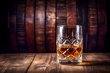 Whiskey drinks. You need to drink whiskey with ice then the whiskey tastes better of an oak barrel. Alcoholic drink with ice whiskey or cognac close-up on the background of an oak barrel for aging.
